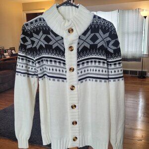Zyfg Free Fair Isle White Nordic Cardigan Sweater L Mock Neck